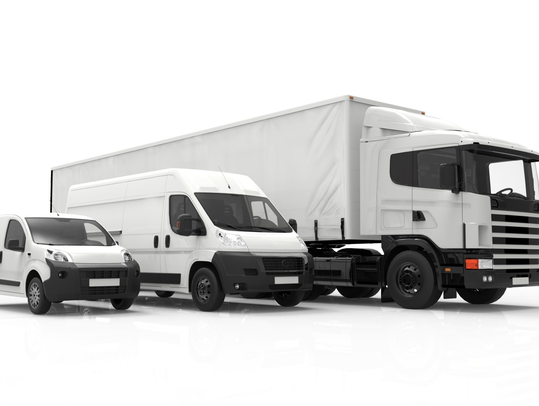 3D rendering of a truck, a van and a lorry isolated on a white background