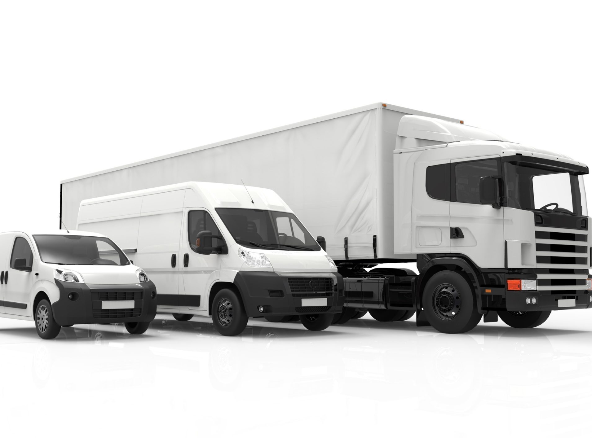 3D rendering of a truck, a van and a lorry isolated on a white background