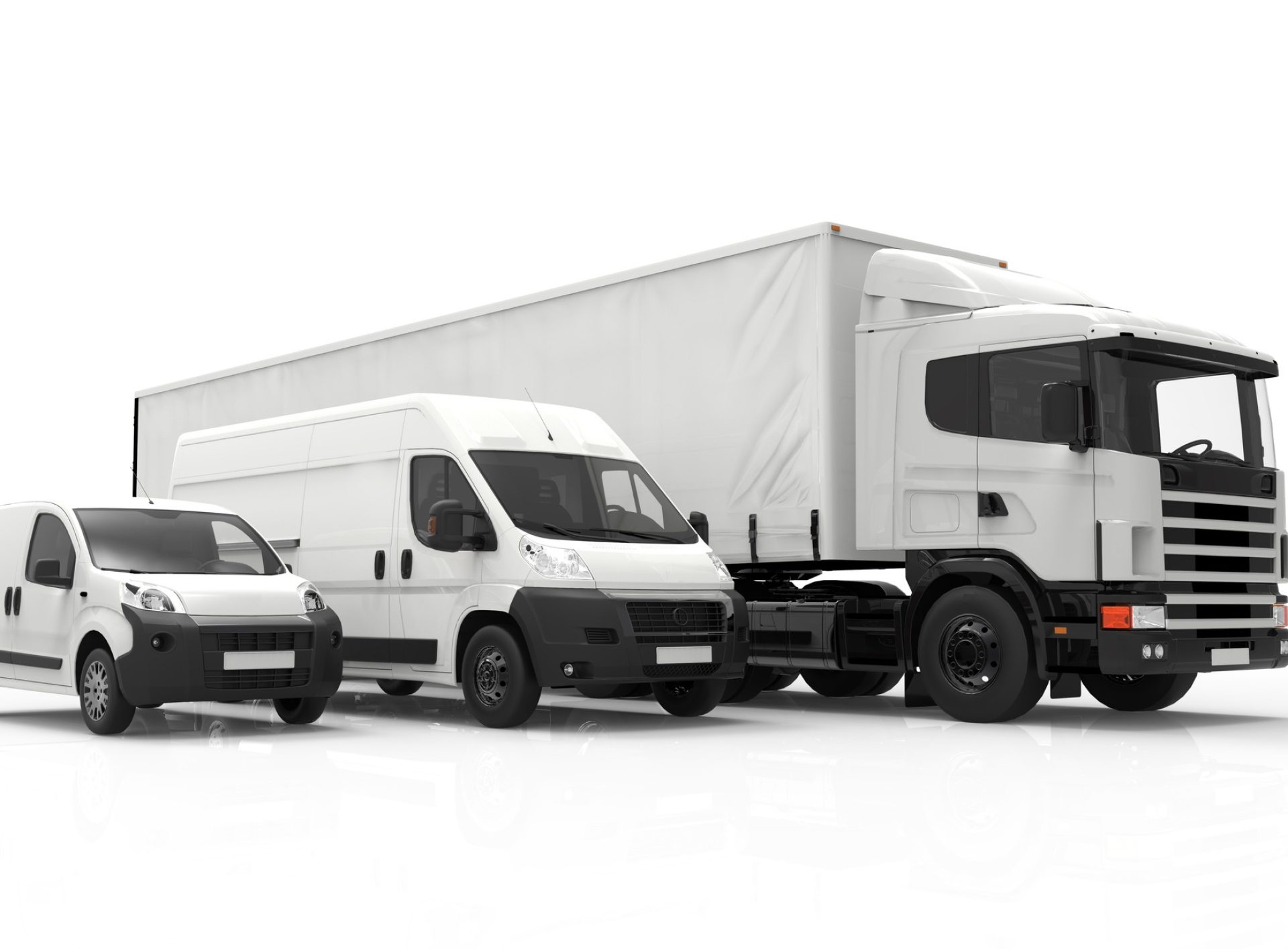 3D rendering of a truck, a van and a lorry isolated on a white background