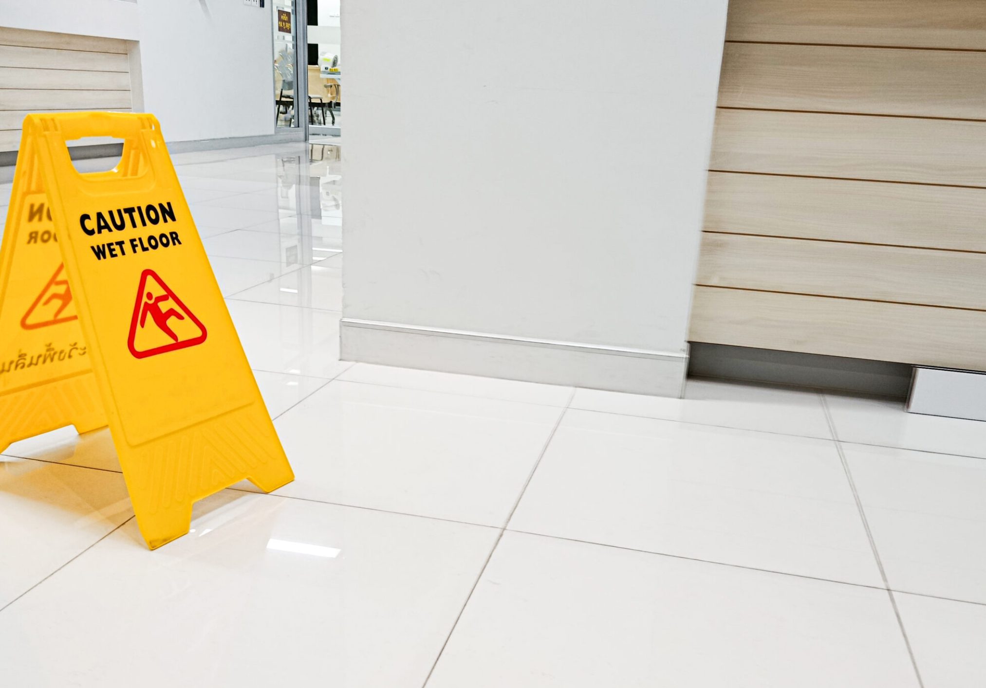 Signs indicate areas with wet floors or areas that are being cleaned. Be careful of slippery areas.